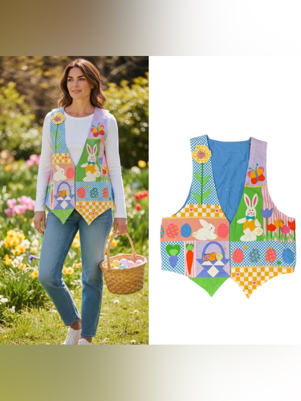 Vintage Easter Patchwork Vest Homemade With Appli… - image 1